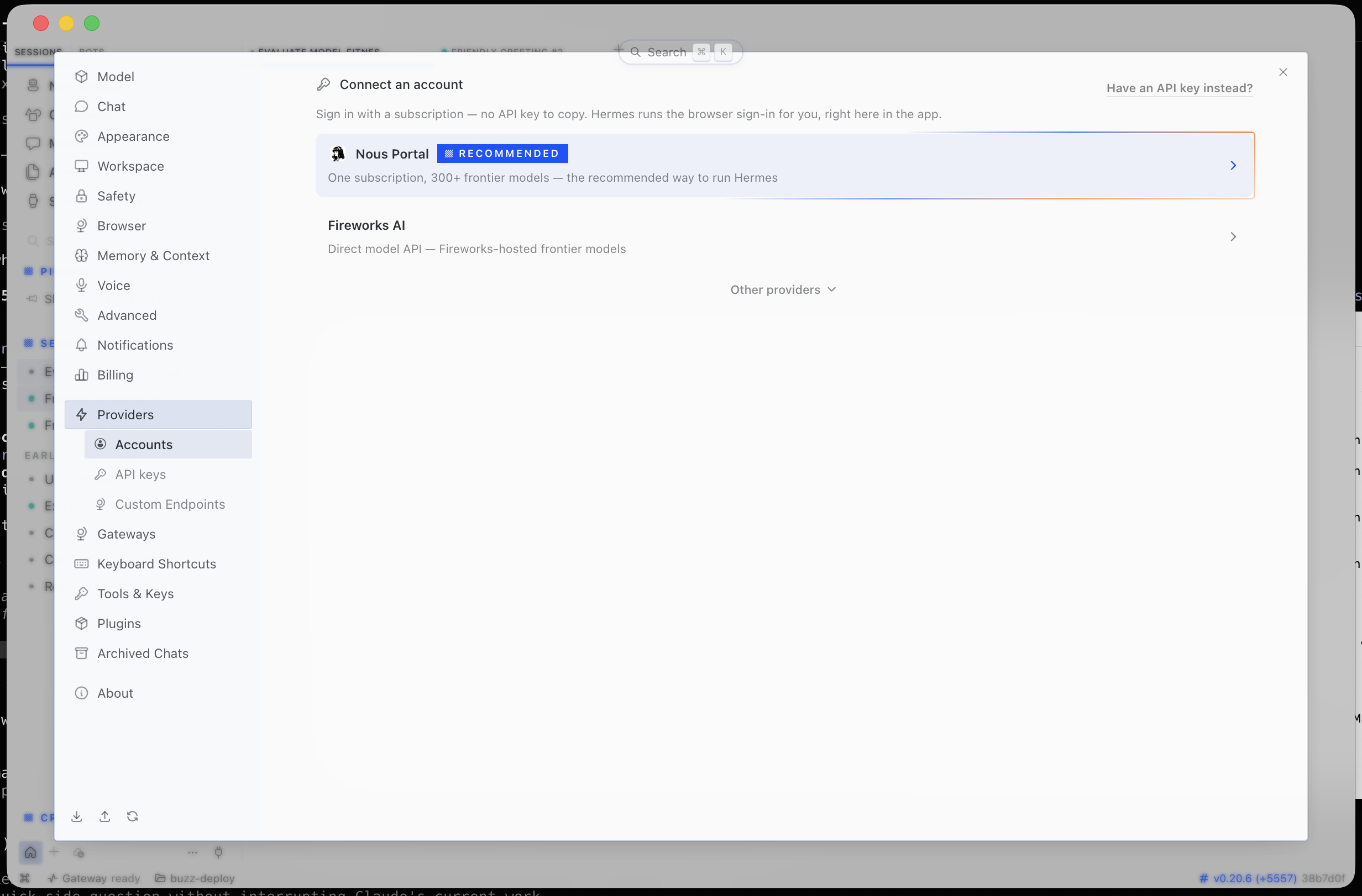 Hermes Settings open on Providers → Accounts, showing the 'Connect an account' screen with Nous Portal and Fireworks AI. In the left sidebar under Providers are three sub-items: Accounts, API keys, and Custom Endpoints. Custom Endpoints is the one to click — Accounts has no field for a base URL or key.